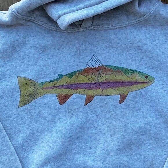 WEST LYFE SUPER SOFT COZY FISH GRAPHIC Women’s Heather Gray Pullover Hoodie sz S - Picture 2 of 9
